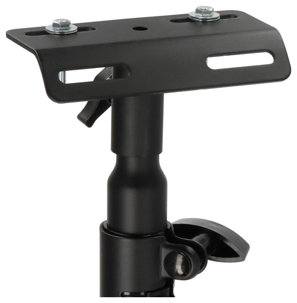 Halterung mit verstellbarer Höhe und Schrauben, geeignet zur Befestigung von Geräten oder Möbelstücken an einer Oberfläche.