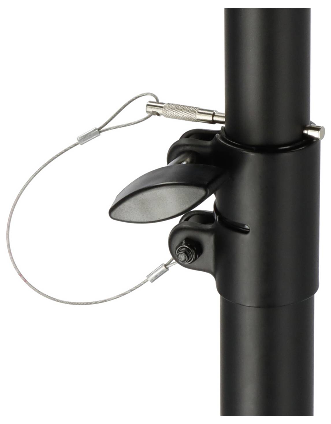 Schwarzer Metallstangenverschluss mit integriertem Sicherheitsseil.
