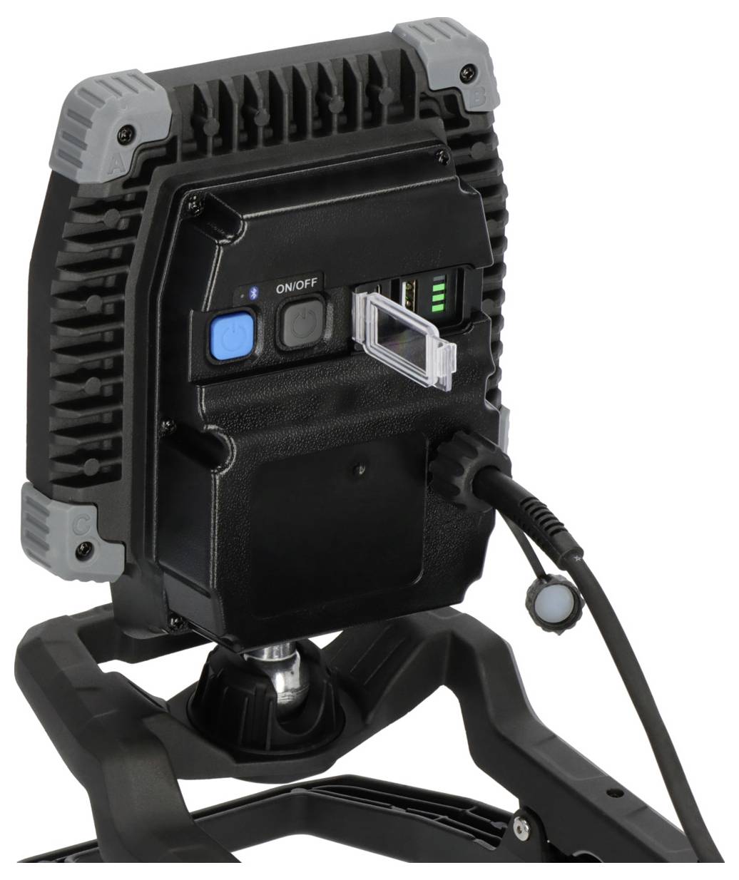 Tragbare schwarze LED-Arbeitsleuchte mit Griff, EIN-/AUS-Schalter, Batterieanzeige und Stromkabel auf einem Ständer