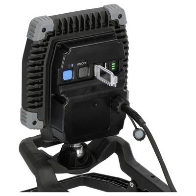 Tragbare schwarze LED-Arbeitsleuchte mit Griff, EIN-/AUS-Schalter, Batterieanzeige und Stromkabel auf einem Ständer