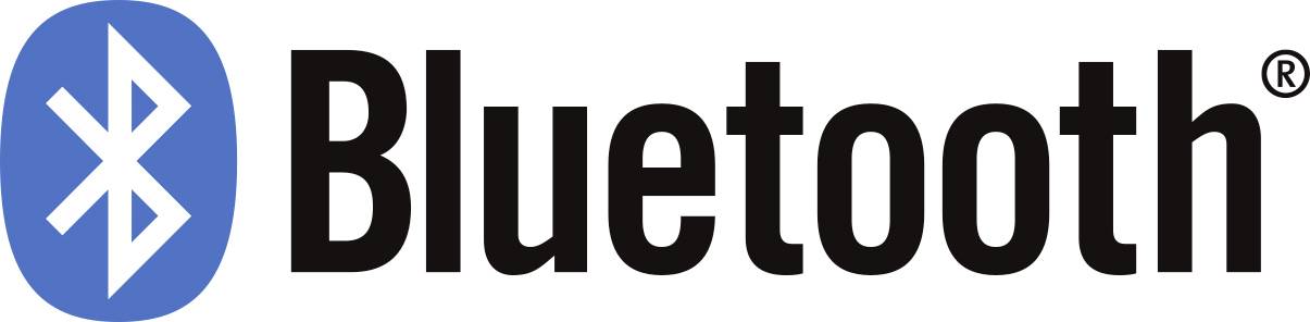 Bluetooth-Logo mit blauem Symbol und schwarzem Wortmarkentext "Bluetooth", plus Markenzeichen für eingetragene Marke.