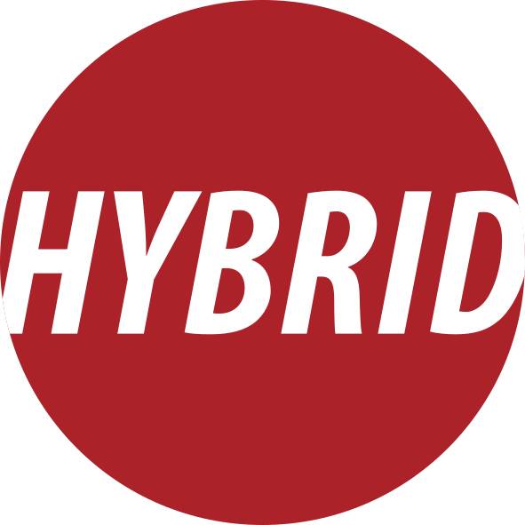 Roter Kreis mit dem Wort „HYBRID" in großen weißen kursiven Buchstaben.