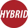 Roter Kreis mit dem Wort „HYBRID" in großen weißen kursiven Buchstaben.