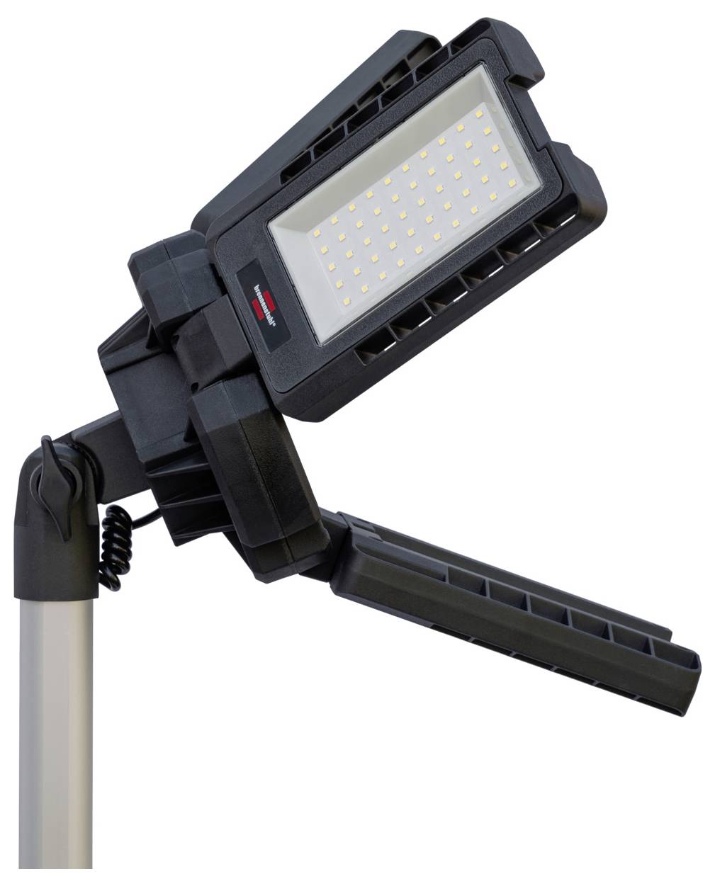 Ein schwarzer LED-Flutlichtstrahler mit zwei verstellbaren Leuchten auf einem silbernen Ständer.