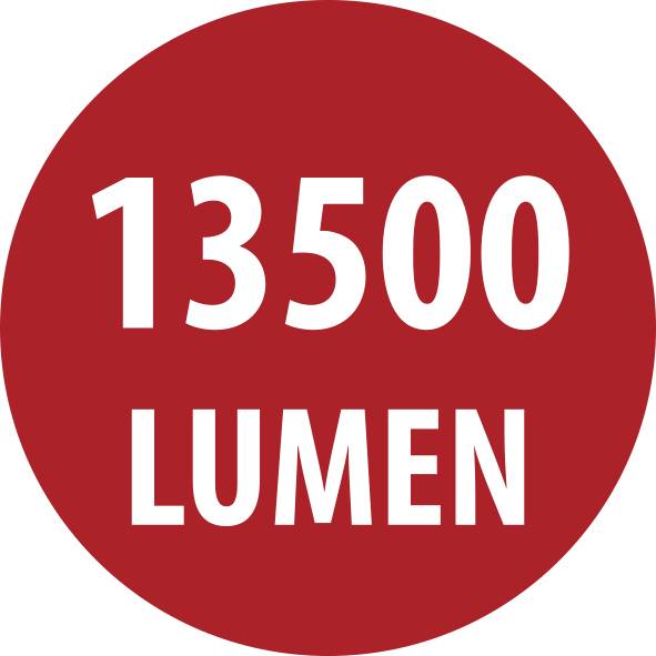 Rotes rundes Etikett mit weißem Text „1350 LUMEN" zur Angabe einer Lichtstärke von 1350 Lumen.