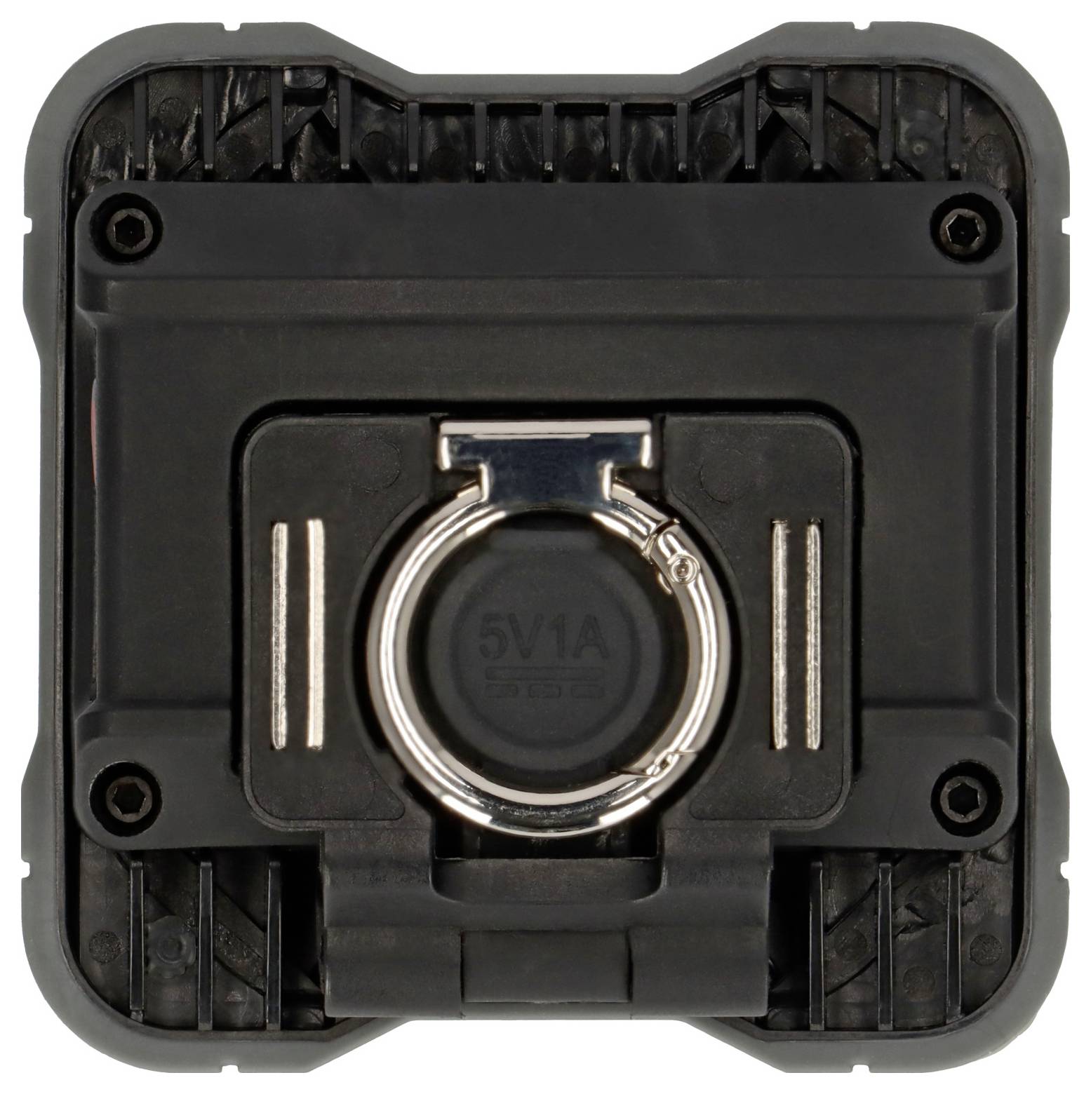 Ein quadratisches schwarzes Gerät mit einem metallischen Ring in der Mitte, möglicherweise ein Halterungsmechanismus.