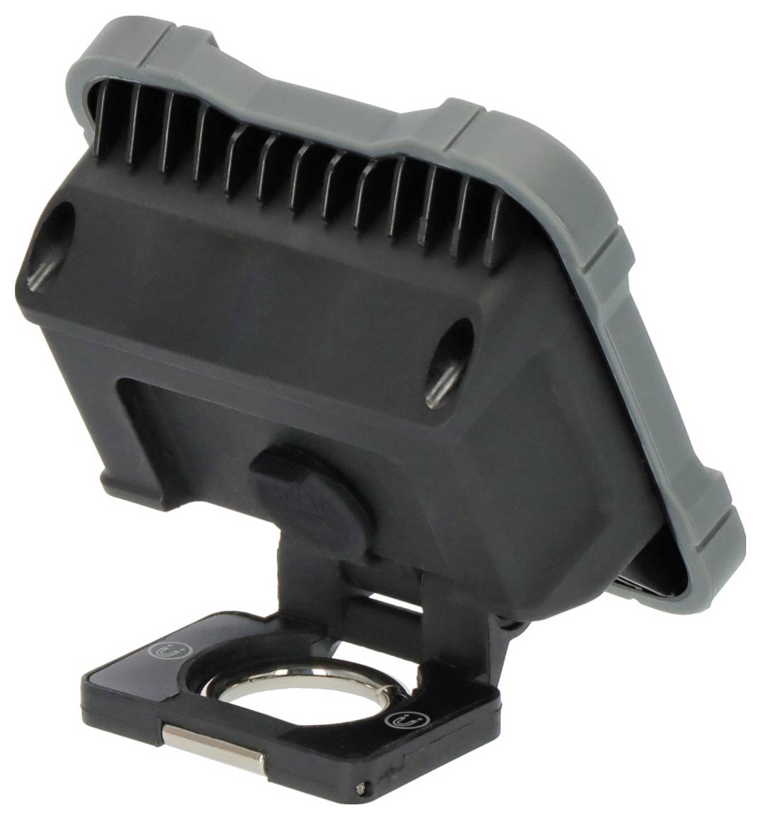 Ein graues und schwarzes elektronisches Gerät mit Lüftungsschlitzen und einer Halterung, möglicherweise ein Autoteil oder Sensor.