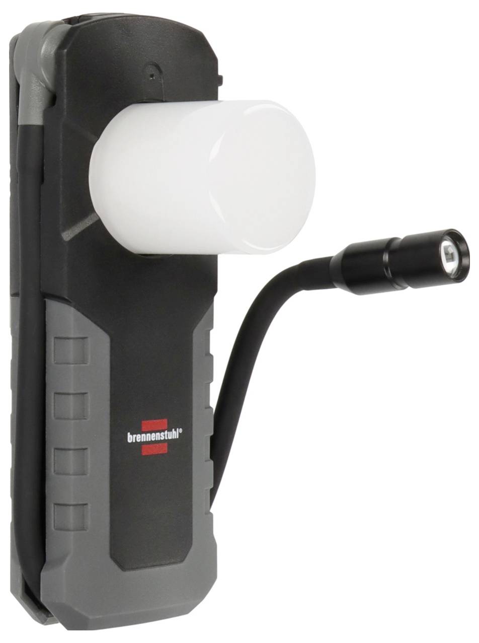 Tragbare Powerbank mit integrierter LED-Laterne und flexibler Taschenlampe, auf weißem Hintergrund dargestellt.