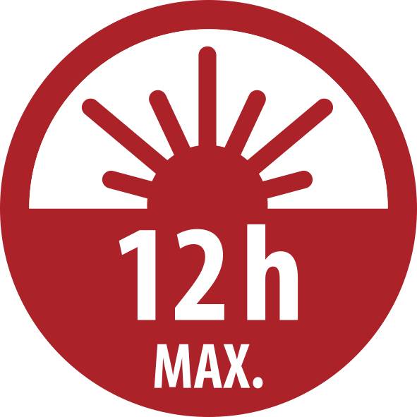 Rotes kreisförmiges Warnsymbol mit einer stilisierten Sonne und dem Text „12h MAX."