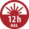 Rotes kreisförmiges Warnsymbol mit einer stilisierten Sonne und dem Text „12h MAX."