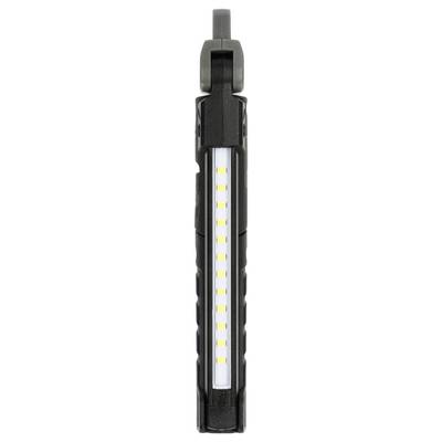 Schwarze tragbare Taschenlampe mit einem vertikal leuchtenden weißen LED-Streifen an der Vorderseite.