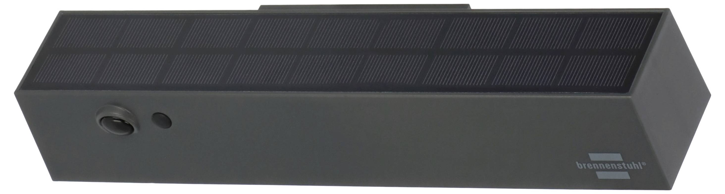 Schwarzes rechteckiges, solarbetriebenes elektronisches Gerät mit einem langen oberen Solarpanel und zwei kreisförmigen Öffnungen auf der Vorderseite links.