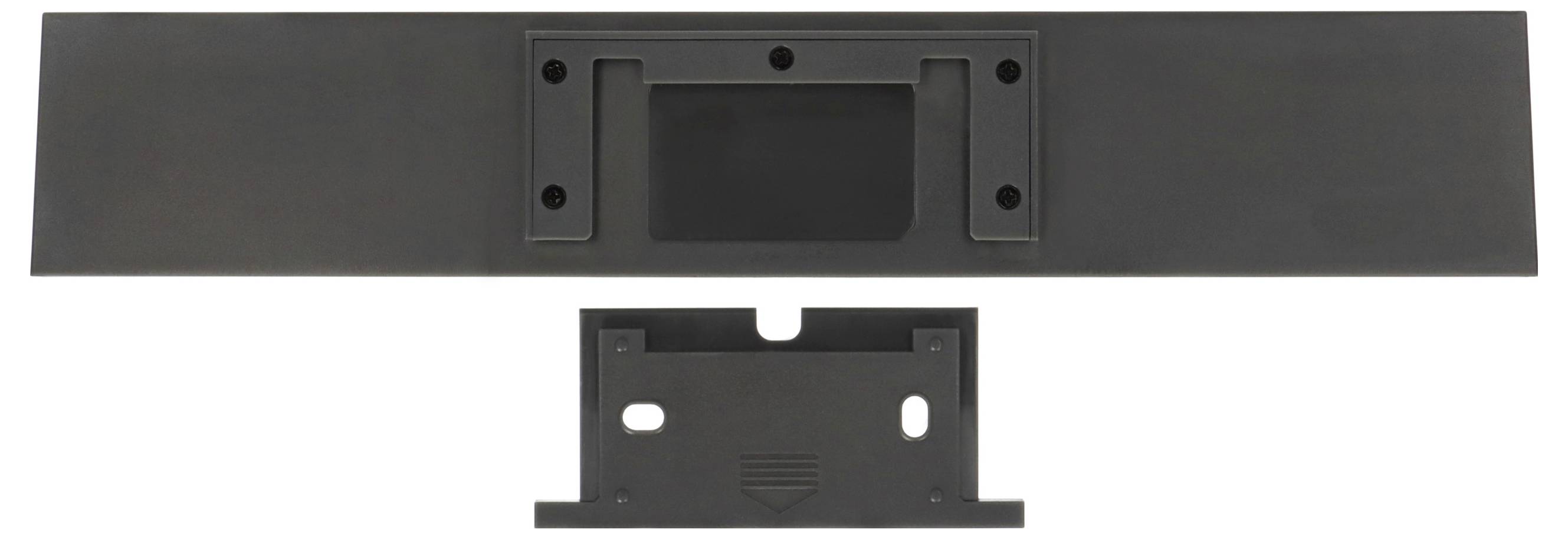 Schwarze Metallmontageplatte mit zentralem vertieftem Griff und Schraubenlöchern, oben dargestellt über einem kleineren passenden Halterungsstück.