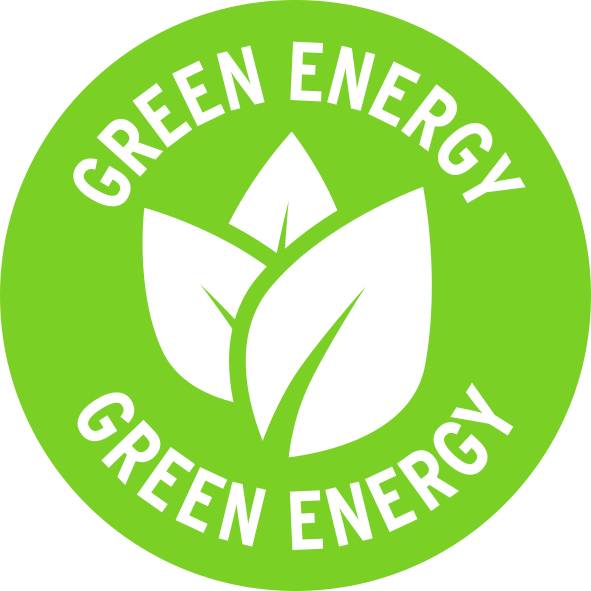 Grünes rundes Logo mit Blattsymbol und dem Text 'Green Energy', symbolisiert erneuerbare Energien oder umweltfreundliche Energiequellen.