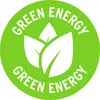 Grünes rundes Logo mit Blattsymbol und dem Text 'Green Energy', symbolisiert erneuerbare Energien oder umweltfreundliche Energiequellen.