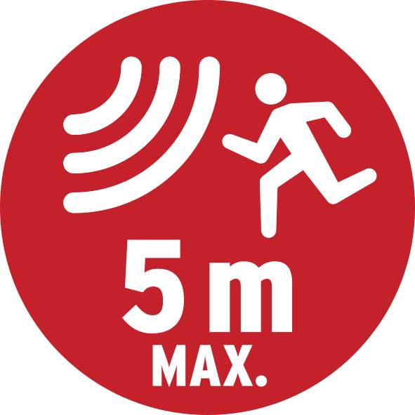 Rotes rundes Schild mit einem Piktogramm eines laufenden Menschen und Wellenlinien. Darunter steht '5 m MAX.' in Weiß.