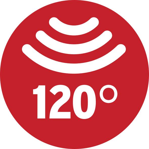 Roter Kreis mit weißem Symbol eines Strahldiagramms und der Zahl '120°', das einen Strahlungswinkel von 120 Grad anzeigt.