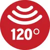 Roter Kreis mit weißem Symbol eines Strahldiagramms und der Zahl '120°', das einen Strahlungswinkel von 120 Grad anzeigt.