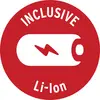 Rotes Kreis-Logo mit dem weißen Symbol einer Batterie und einem Blitz. Text: 'INCLUSIVE Li-Ion'.