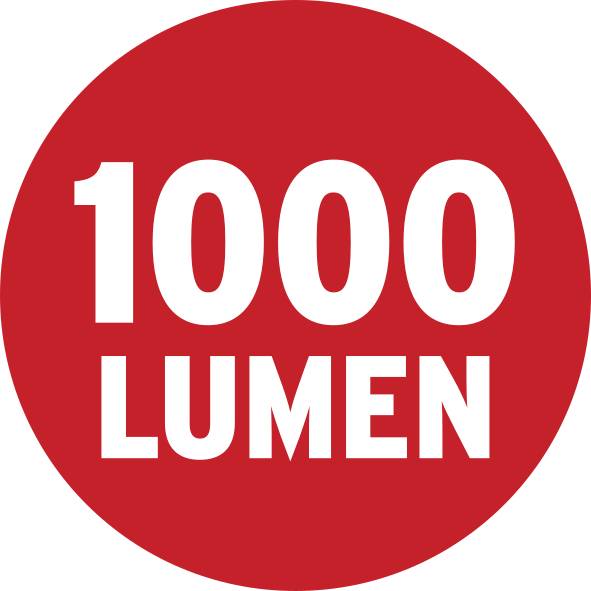 '1000 Lumen' in weißer Schrift auf rotem Kreis, zeigt die Lichtleistung eines Produkts an.