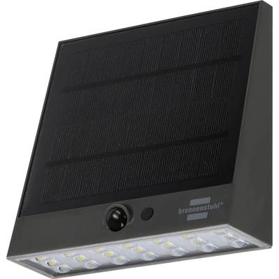 Schwarze, solar-betriebene Wandleuchte mit LED-Streifen und Bewegungsmelder, in Schrägansicht auf weißem Hintergrund dargestellt.