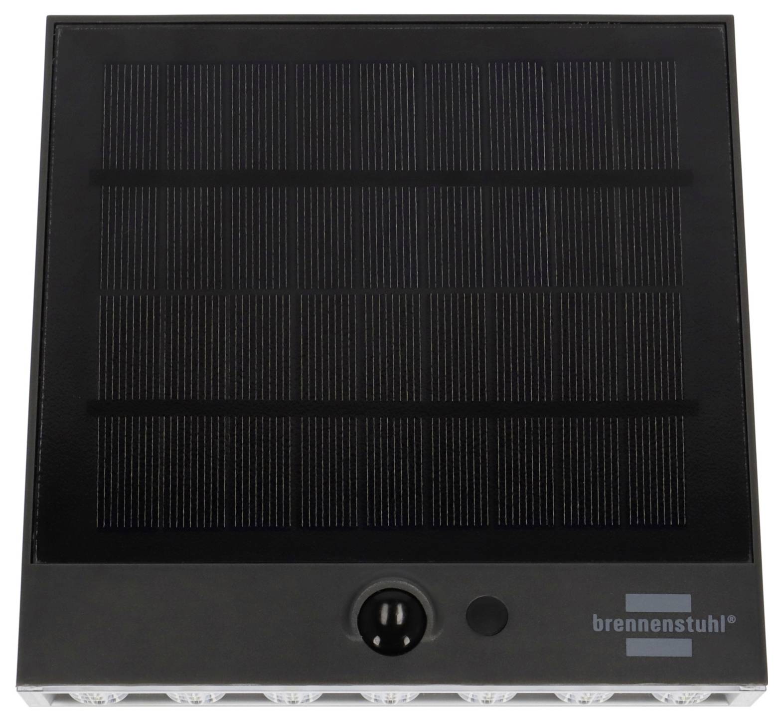 Solarbetriebene Lampe von Brennenstuhl mit rechteckigem Solarpanel und Knopf auf der Vorderseite. Ideal für Außenbeleuchtung.