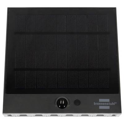 Schwarzes quadratisches Solarmodul mit zentralem Stromanschluss und Brennenstuhl-Logo unten rechts, vor weißem Hintergrund dargestellt.