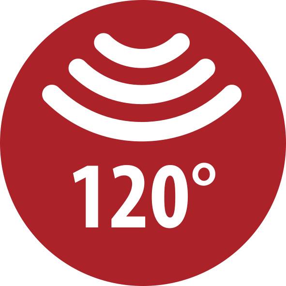 Rotes kreisförmiges Warnsymbol mit drei weißen gekrümmten Signallinien über „120°".