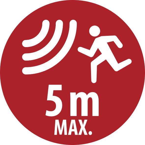 Rotes Kreisförmiges Warnsignal mit laufender Figur, Signalwellen und Text „5 m MAX."