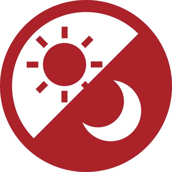 Rotes kreisförmiges Symbol, diagonal geteilt und zeigt eine Sonne und einen Halbmond, was Tag und Nacht oder Hell- und Dunkelmodus symbolisiert.