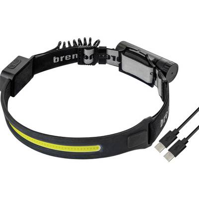 Schwarze verstellbare LED-Stirnlampe mit elastischem Riemen und USB-Ladekabel, Vorderansicht auf weißem Hintergrund.