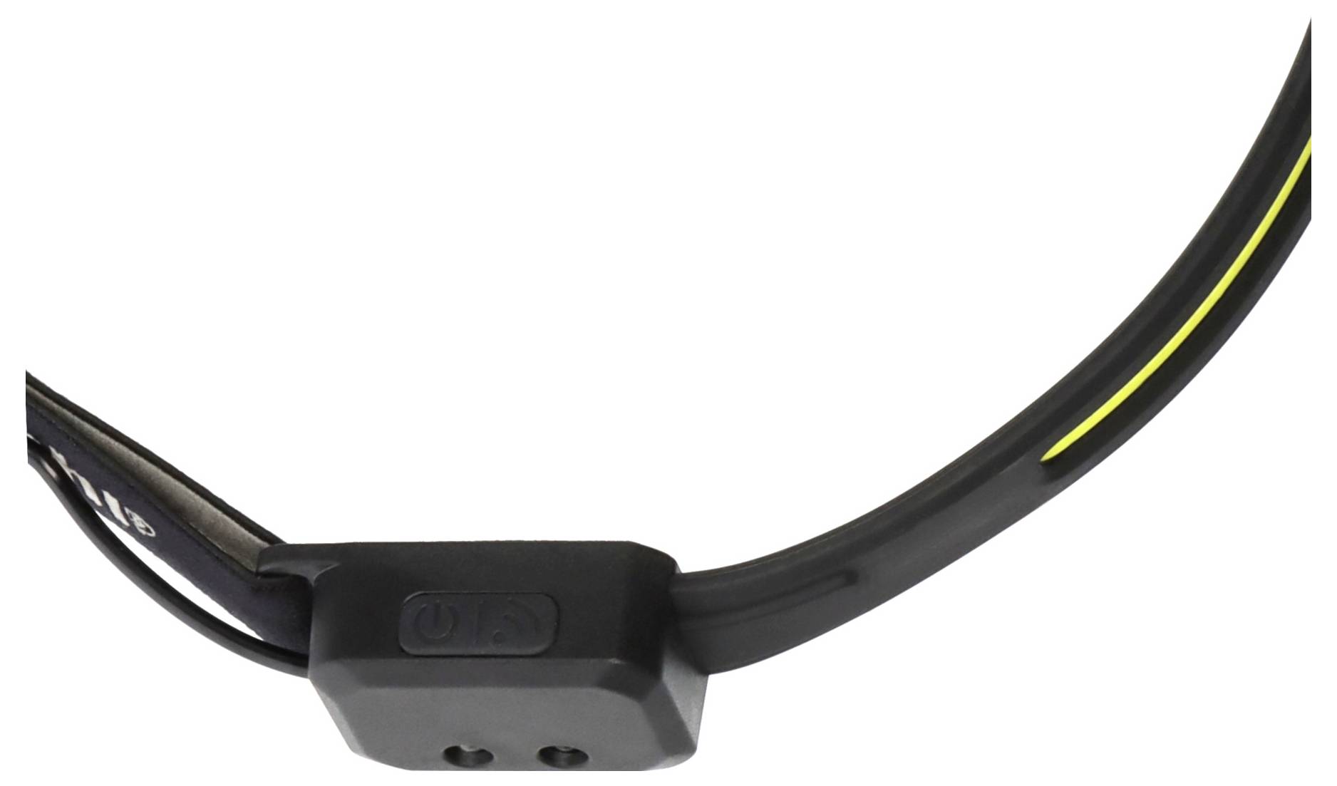 Ein schwarzes Stirnband mit integriertem LED-Licht, das an einem Ende einen Schalter aufweist.