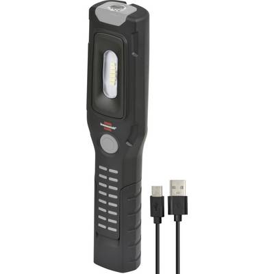 Schwarze tragbare wiederaufladbare Arbeitsleuchte mit LED-Panel und daneben gezeigtem USB-Ladekabel.