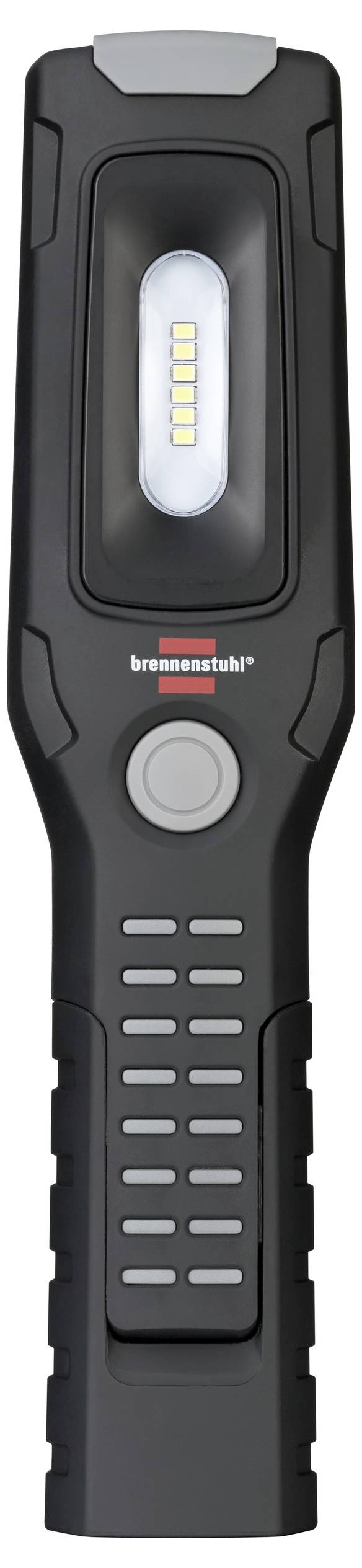 Schwarze tragbare LED-Arbeitsleuchte mit zentralem Lichtfeld, rundem Ein-/Ausschalter und strukturierter Griffoberfläche, abgebildet vor weißem Hintergrund.
