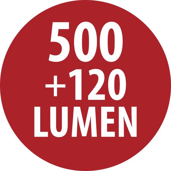 Rotes rundes Etikett mit weißem Text "500 +120 LUMEN".