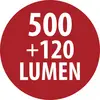 Rotes rundes Etikett mit weißem Text "500 +120 LUMEN".