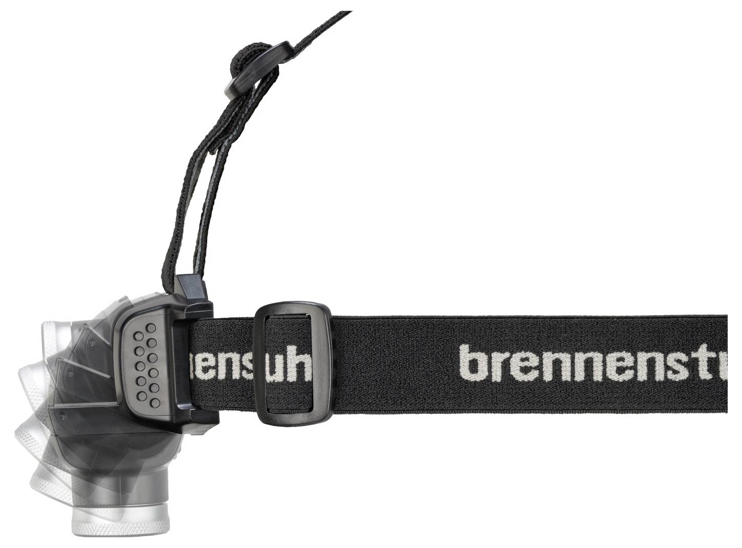 Eine schwarze Stirnlampe auf einem verstellbaren Riemen mit dem Markenamen „brennenstuhl" in weiß gedruckt.