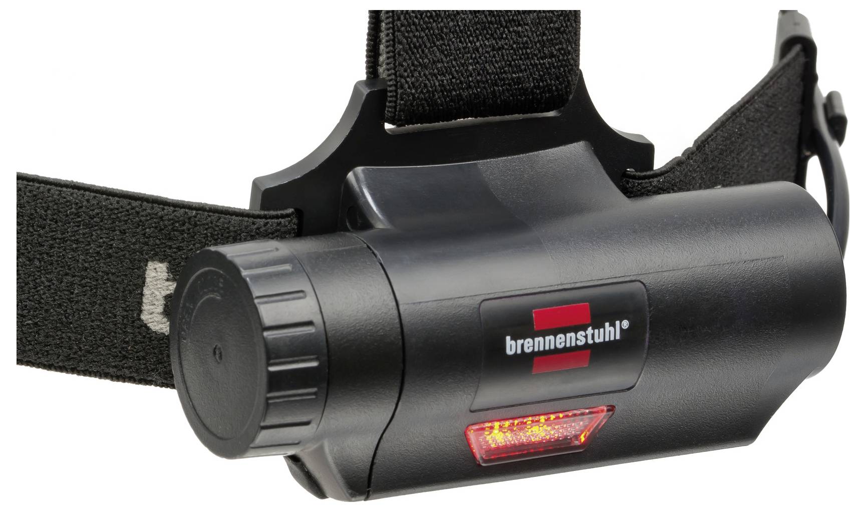 Schwarze Stirnlampe mit verstellbarem Riemen und rotem „brennenstuhl"-Logo, in Nahaufnahme auf weißem Hintergrund dargestellt.