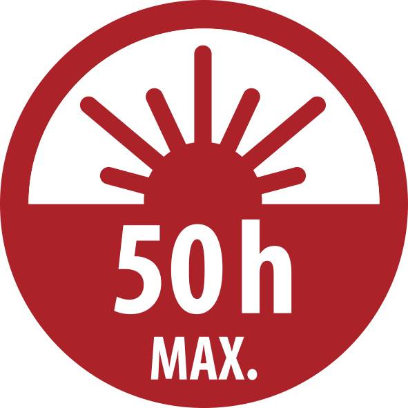 Rotes kreisförmiges Warnsymbol mit aufgehender Sonne und dem Text „50h MAX." zur Angabe einer maximalen Grenze von 50 Stunden.