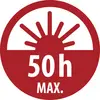Rotes kreisförmiges Warnsymbol mit aufgehender Sonne und dem Text „50h MAX." zur Angabe einer maximalen Grenze von 50 Stunden.
