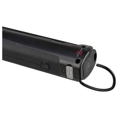 Nahaufnahme eines schwarzen wiederaufladbaren Geräts mit USB-Anschluss und angebrachtem Schleifenkabel, gezeigt auf weißem Hintergrund.