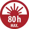 Rotes Kreissymbol mit einem Strahlenkranz über dem Horizont und dem Text „80h MAX." zur Angabe einer maximalen Dauer von 80 Stunden.