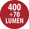 Rotes kreisförmiges Etikett mit weißem Text, das „400 +70 LUMEN" anzeigt.