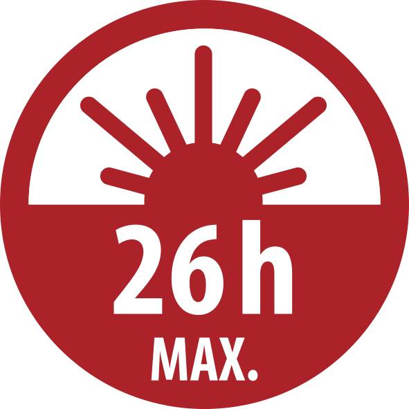 Rotes rundes Schild mit einem Sonnenaufgang-Symbol und dem Text „26h MAX."