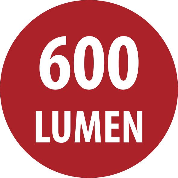 Rotes rundes Etikett mit weißer Schrift mit der Aufschrift „600 LUMEN".