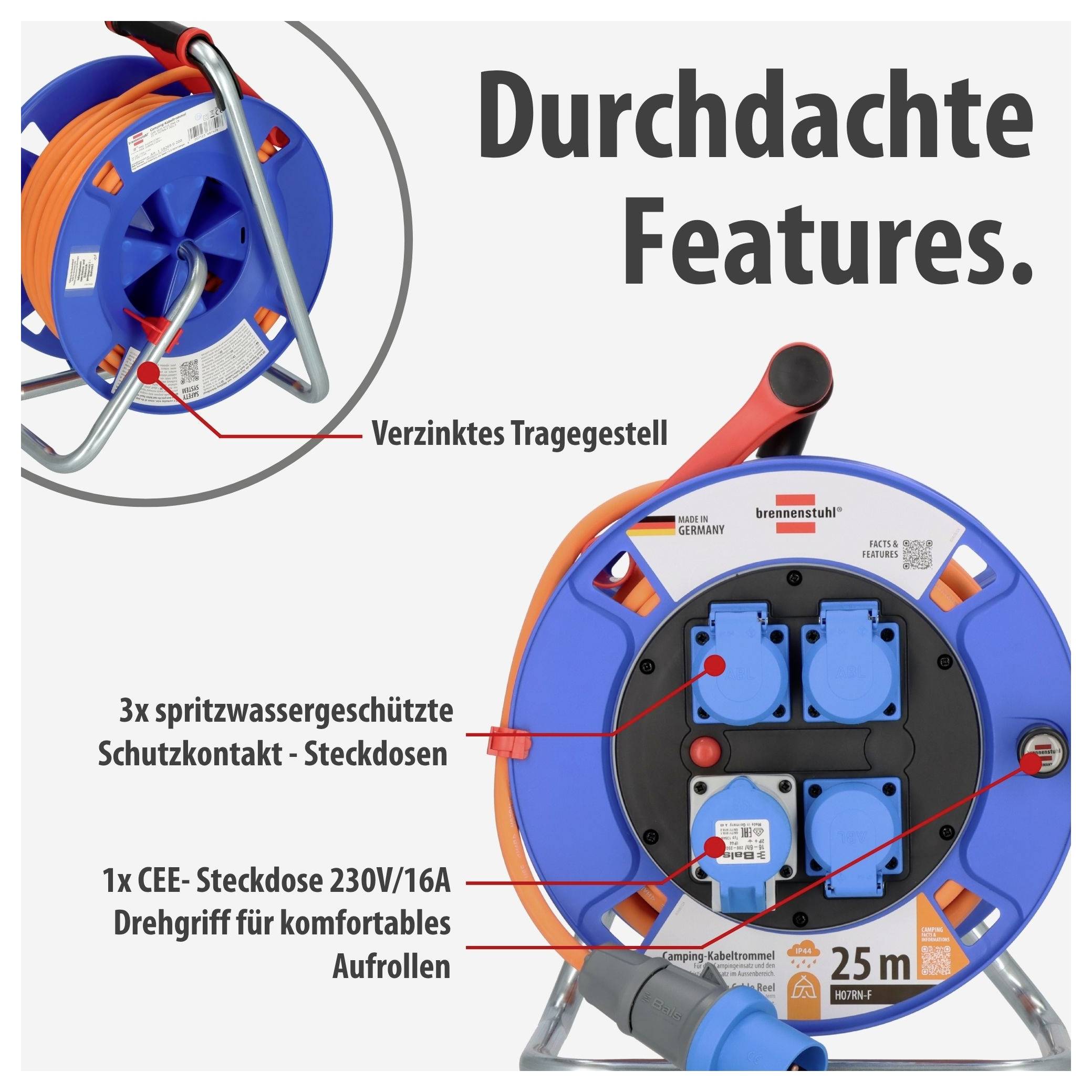 Werbeabbildung einer blauen Kabeltrommel mit 25 m Kabel und Steckdosen; hervorgehoben sind verzinktes Tragegestell, spritzwassergeschützte Schutzkontakt-Steckdosen und CEE-Steckdose 230V/16A.