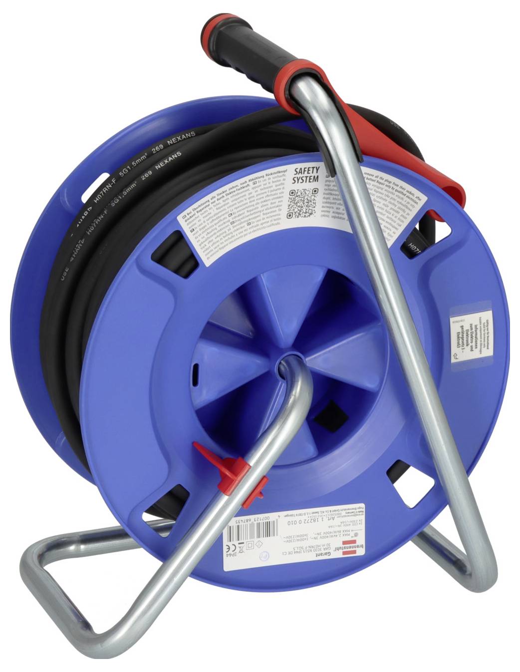 Ein blauer Kabeltrommelhalter mit Stahlrahmen und rotem Griff. Enthält ein aufgerolltes Stromkabel.