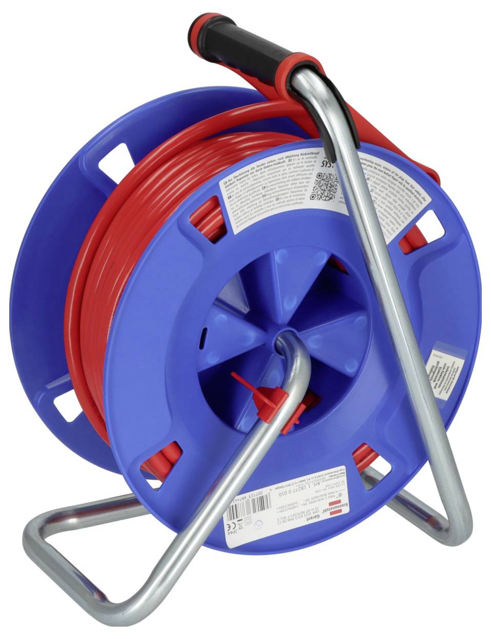 Blau-rote Kabeltrommel mit Metallrahmen. Das Kabel ist aufgerollt und für den Transport geeignet.
