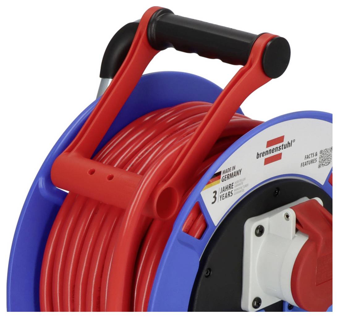 Kabeltrommel mit rotem Kabel und blauem Gehäuse, Markenlogo sichtbar. Etikett weist auf 'Made in Germany' und '3 Jahre Garantie' hin.