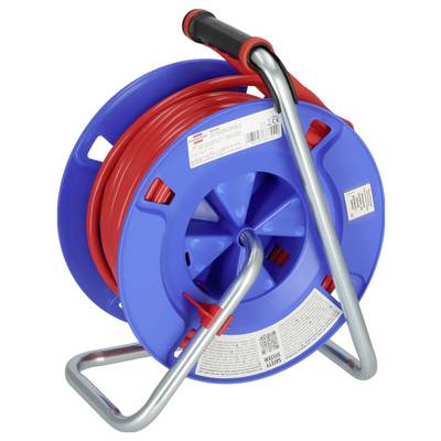 Blauee Schlauchtrommel mit rotem Schlauch und silbernem Metallständer, dargestellt als tragbare Lagerungsspule auf weißem Hintergrund.